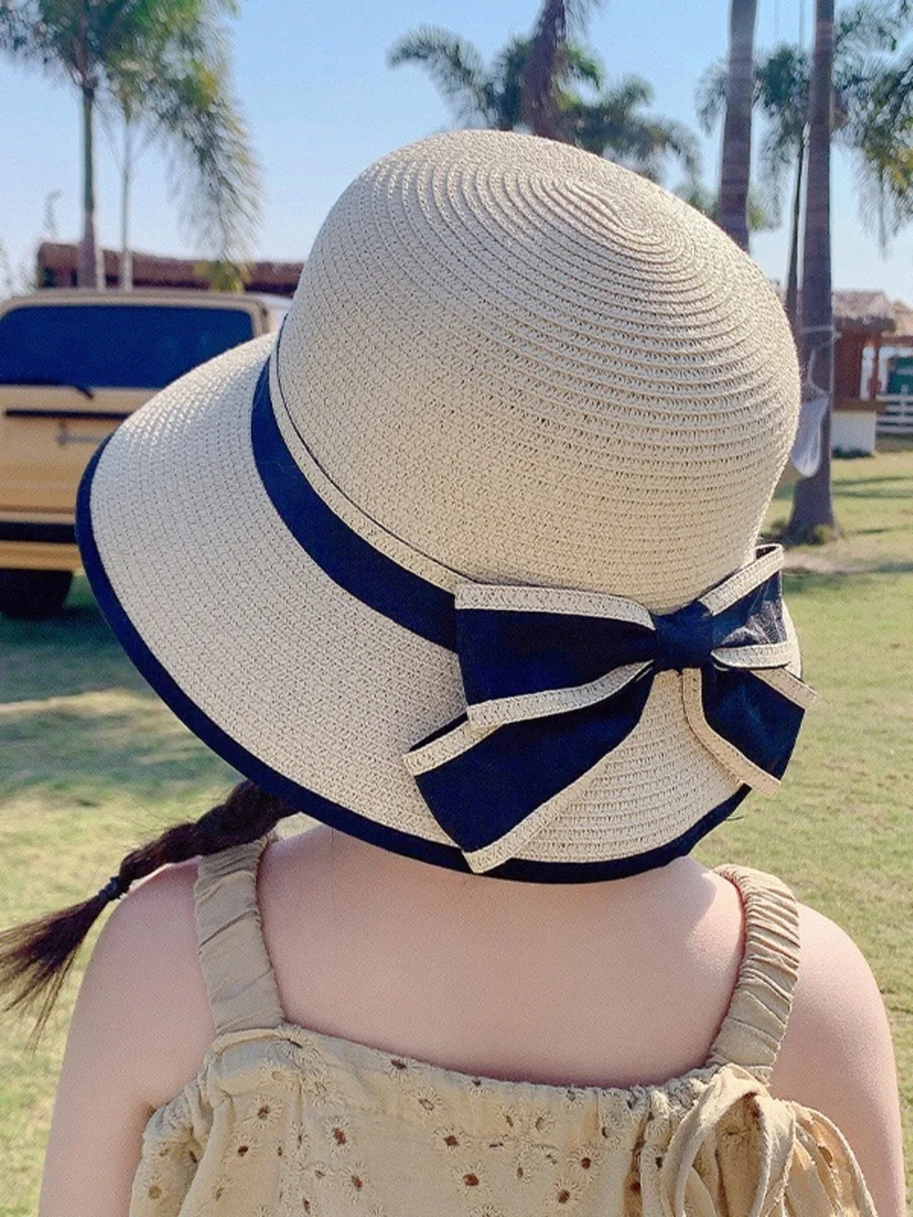 Kids Straw Sun Hat with Navy Trim - Child Beach Hat